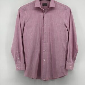 Perry Ellis Portfolio Mens Pink/White Check Tech Slim Fit LS Button Down 16 3435